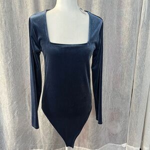 Old Navy Blue Asymmetrical Bodysuit with Square Neckline and Long Sleeves